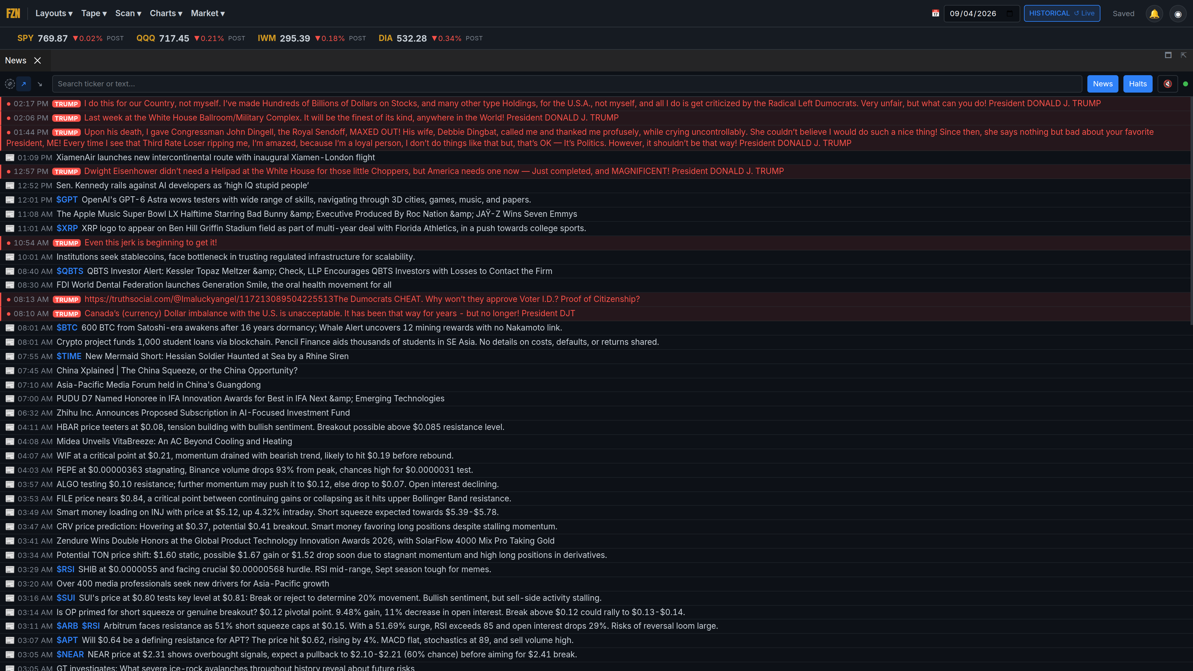 News pane with Truth Social posts and a News/Halts toggle