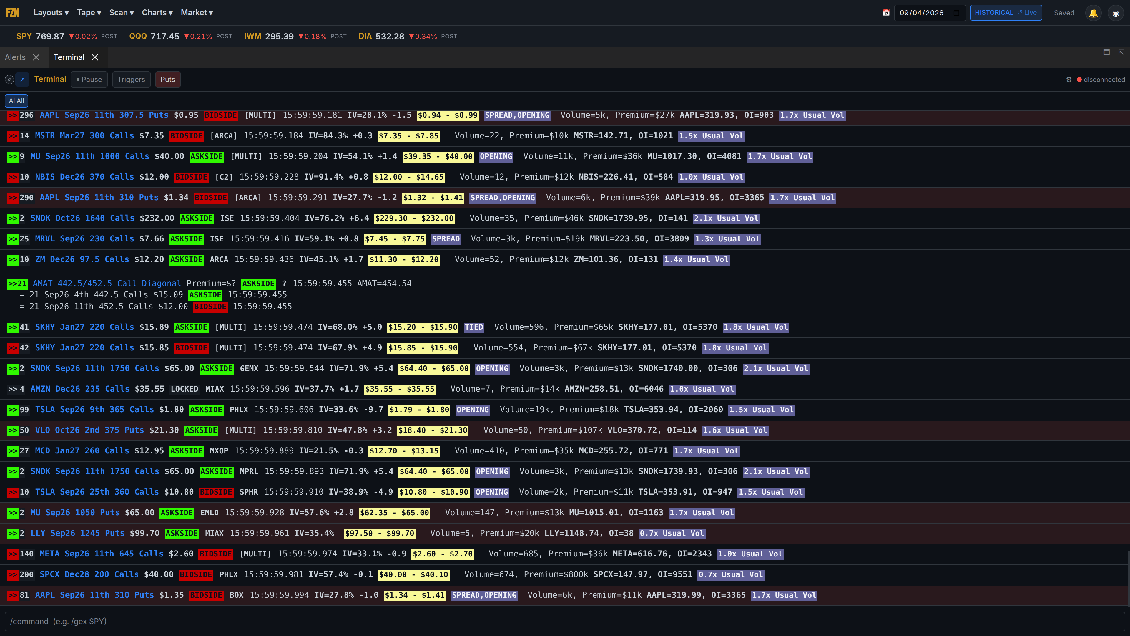 Terminal showing classified option prints as a command tape